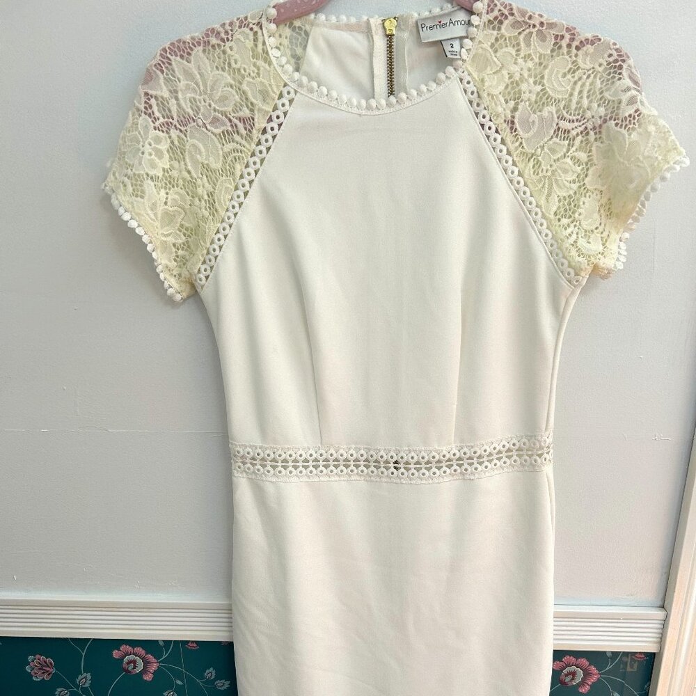White mid-length dress w/ off white lace sleeves by premier Amour size 2